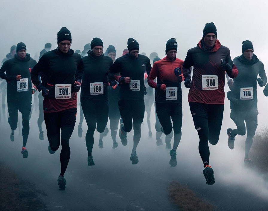 Runners in cold-weather gear race through foggy conditions