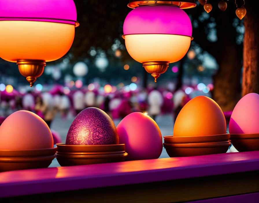 Vibrant illuminated eggs and glowing lanterns at dusk