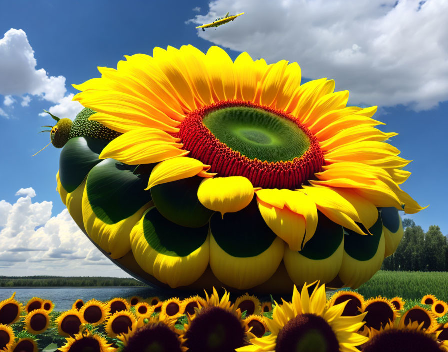 Sunflower Field with Dominant Flower and Bee in Flight