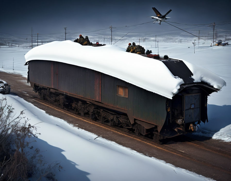 Snow-covered train carriage with military personnel and low-flying airplane.