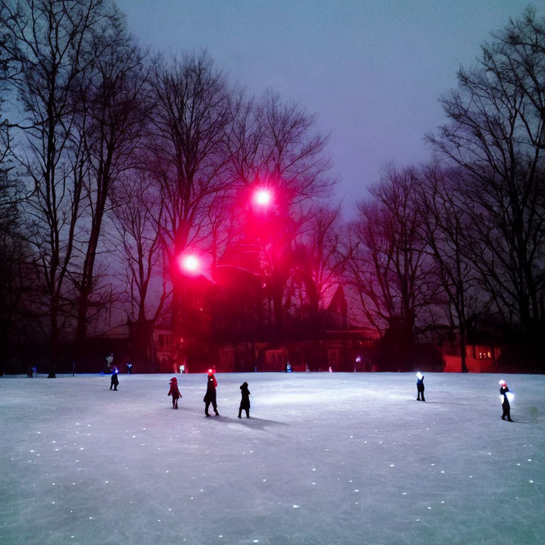 Nighttime ice rink with skaters, trees, and red lights