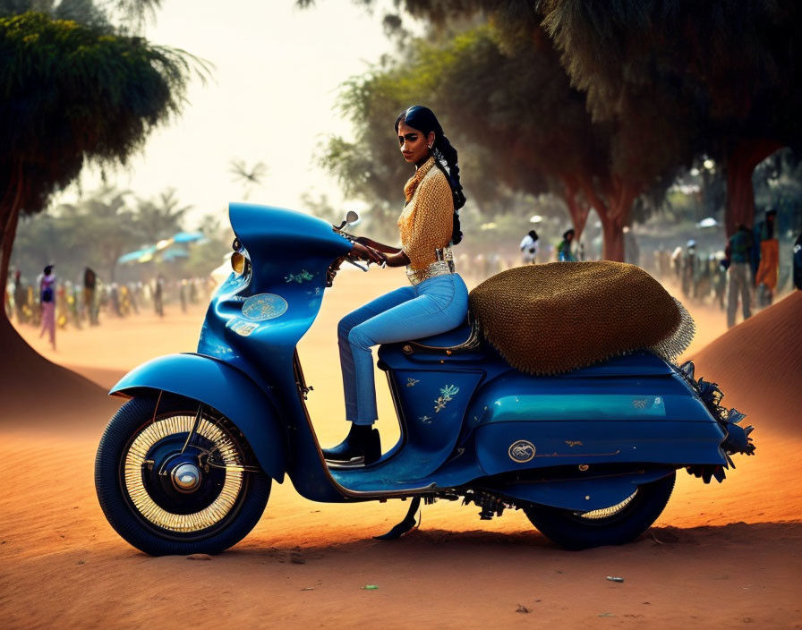 Stylish woman on blue scooter with woven basket on dusty road