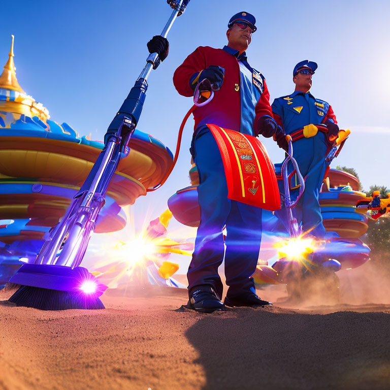 Two workers in blue uniforms cleaning amusement park area with vacuum and broom, colorful ride structures in background