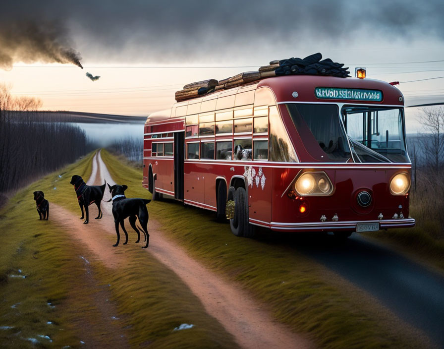 Vintage Red Bus with Skis Traveling Down Countryside Road at Dusk