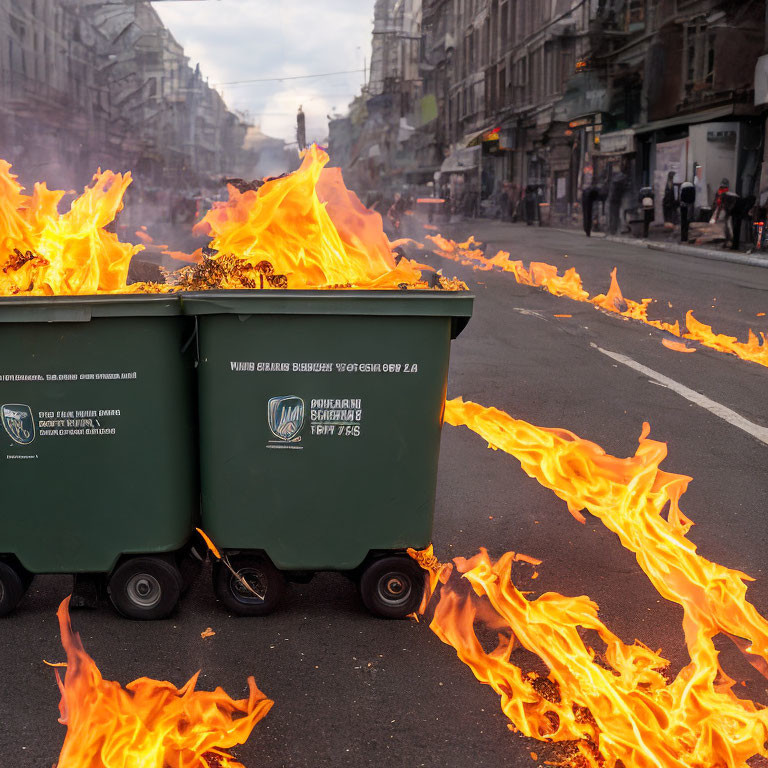 Urban street scene: two green garbage bins ablaze, flames spreading.