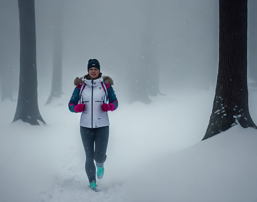 Person jogging in winter sports gear in snowy forest