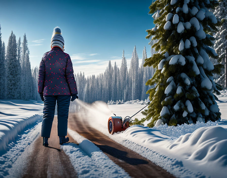 Child with red sled walking on snowy path amid snow-covered trees