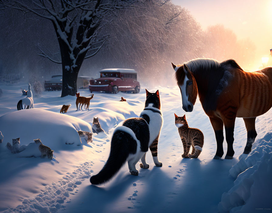 Cat and horse in snowy dusk scene with vintage bus and animals.