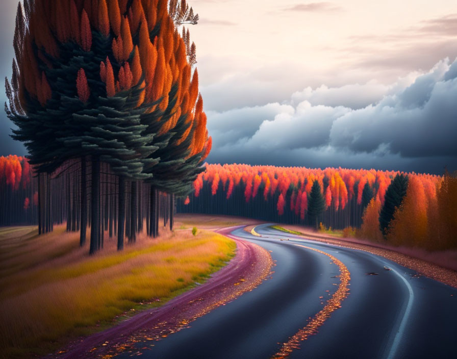 Autumn forest scene with winding road and tall pines