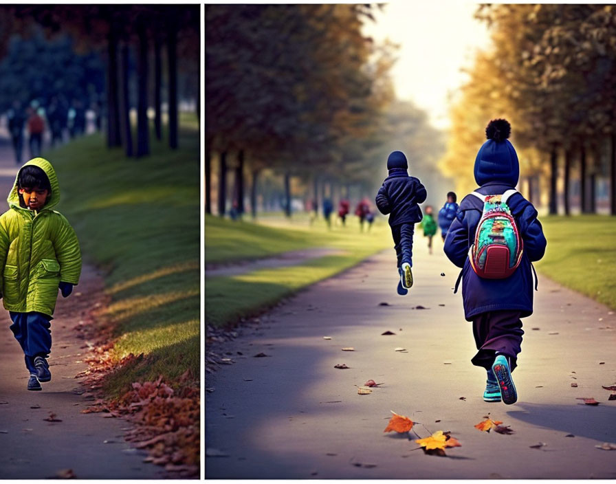 Children running on autumn path among trees with fallen leaves