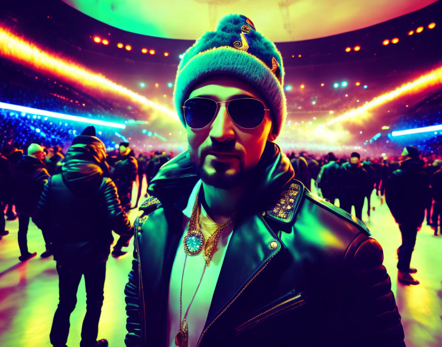 Fashionable individual in sunglasses and winter hat at lively stadium event with vibrant lights and crowd.