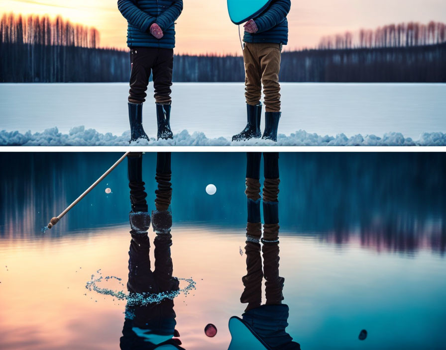 People playing hockey on frozen lake at twilight forest backdrop