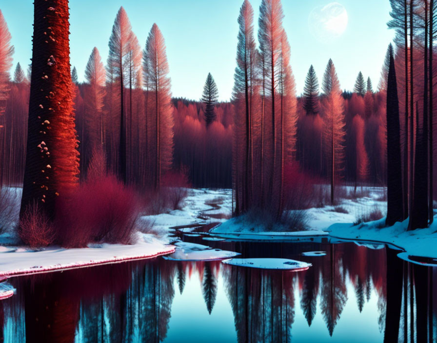 Winter landscape: Red trees mirrored in blue river amidst snow-covered forest.