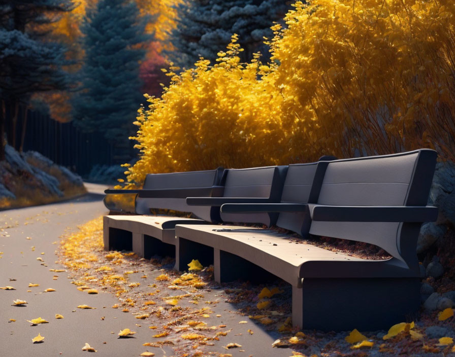 Autumn park scene with empty benches and fallen leaves