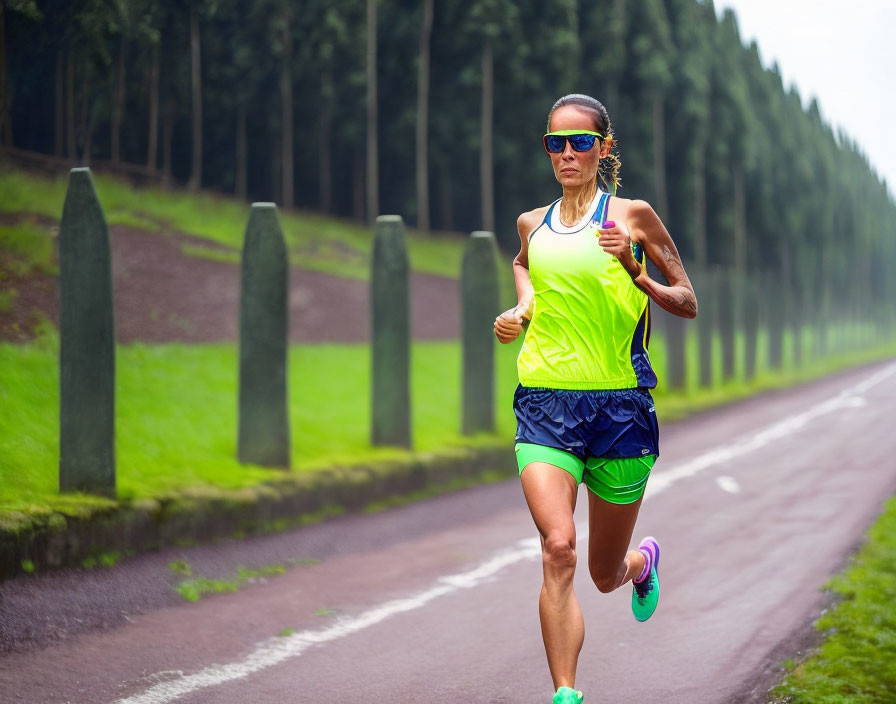 Woman in colorful athletic wear running beside row of trees with sunglasses and earbuds.