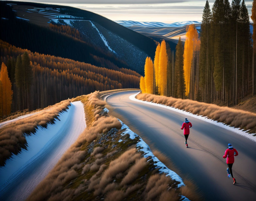 Autumn joggers on curvy road at sunset amid golden landscape