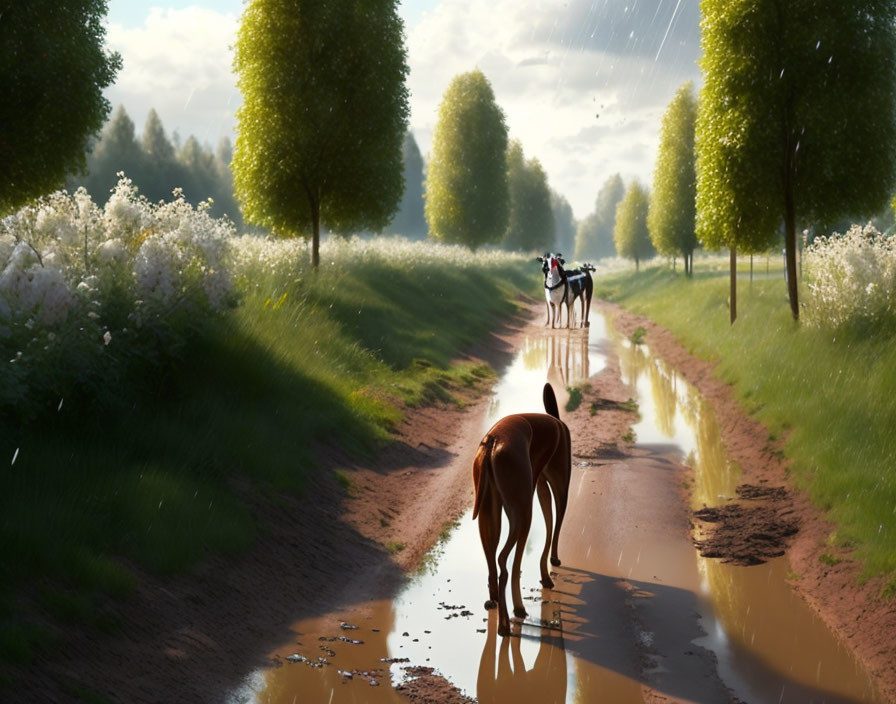 Rural Scene: Horses on Sunlit Path with Trees and Flowers