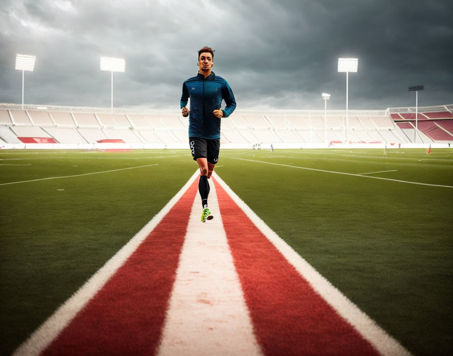 Athlete running on red track field under stadium lights