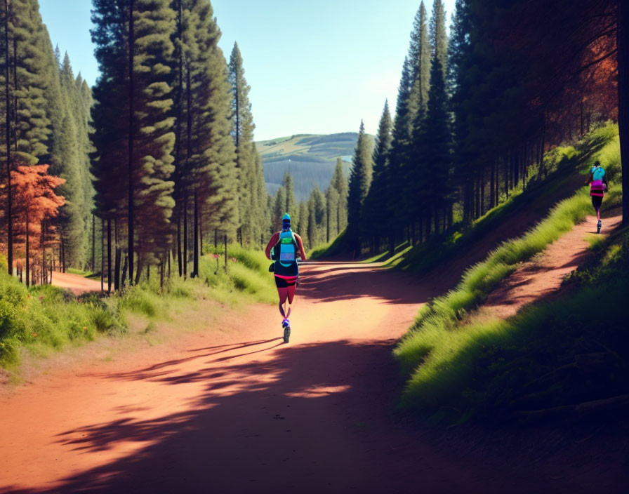 Serene forest path with pine trees and joggers.