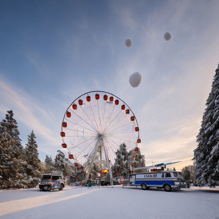 Snowy Winter Ferris Wheel Scene with Red Cabins, Police Car, and SUV