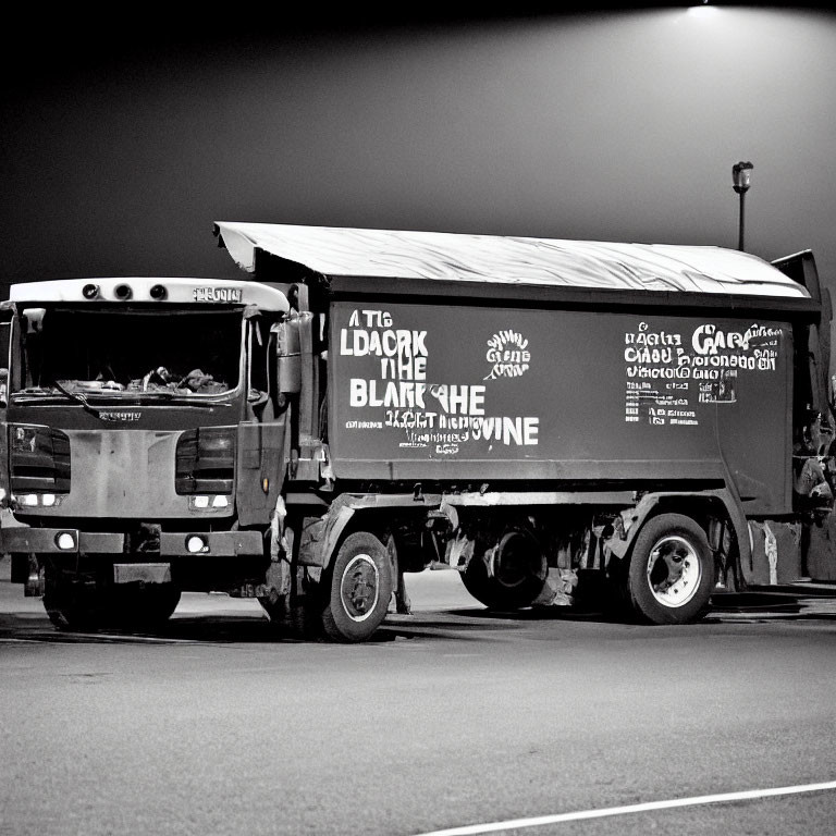 Monochrome image of graffiti-covered garbage truck at night