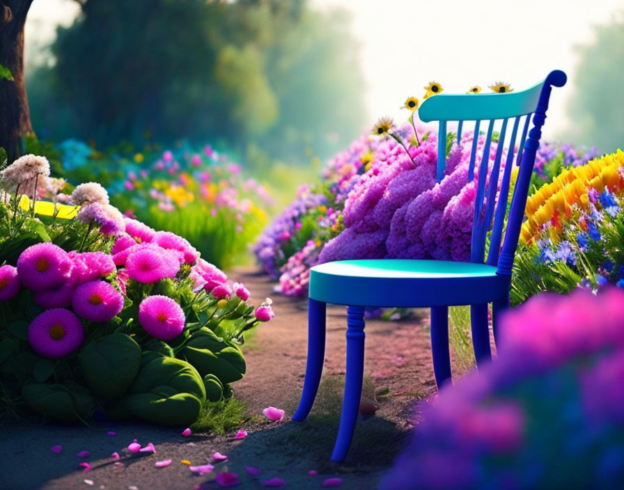 Lush Flower-Lined Garden Path with Blue Chair in Soft Sunlight