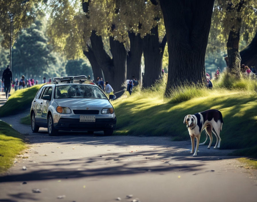 Dog on leash walking by parked car on sunlit road, people under tree canopies.