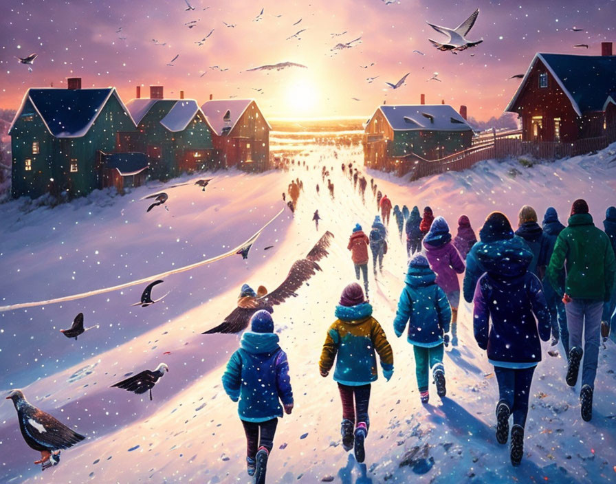 Snowy path with colorful houses at sunset and flying birds