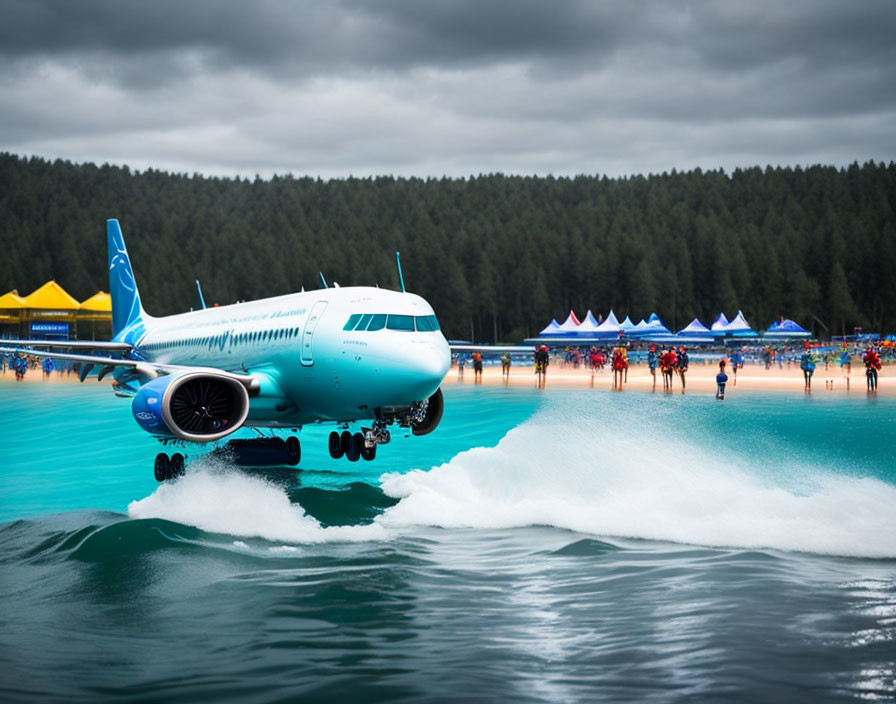 Commercial airplane surfing ocean waves near crowded beach and dark forest.