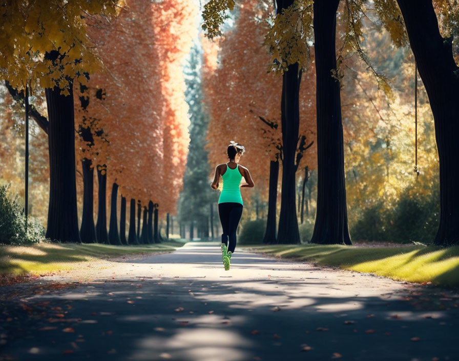 Woman jogging on tree-lined path with autumn colors