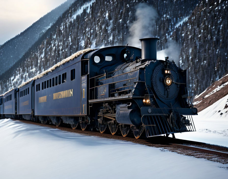 Vintage Steam Locomotive Pulling Passenger Cars in Snowy Mountain Landscape