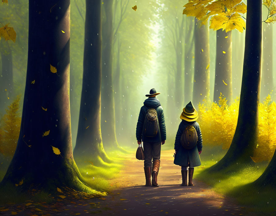 Autumn forest path with two people walking under tall trees