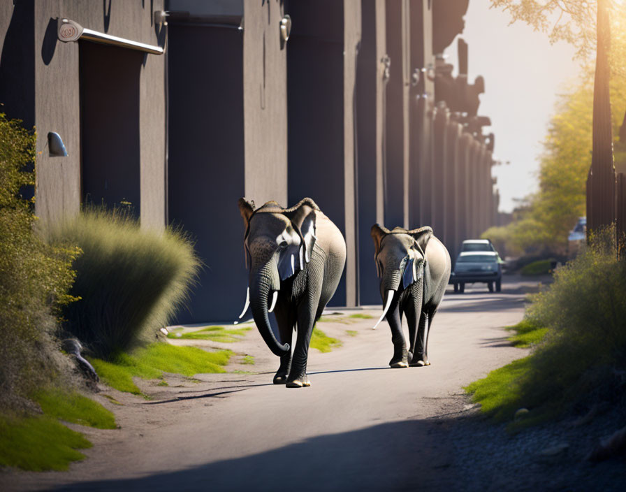 Urban street scene with two elephants and security camera.