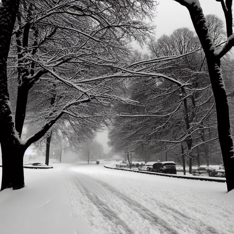 Snowy Street Scene with Bare Trees and Tire Tracks