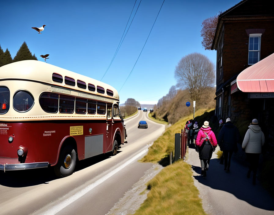 Vintage bus on rural road with pedestrians under clear blue sky