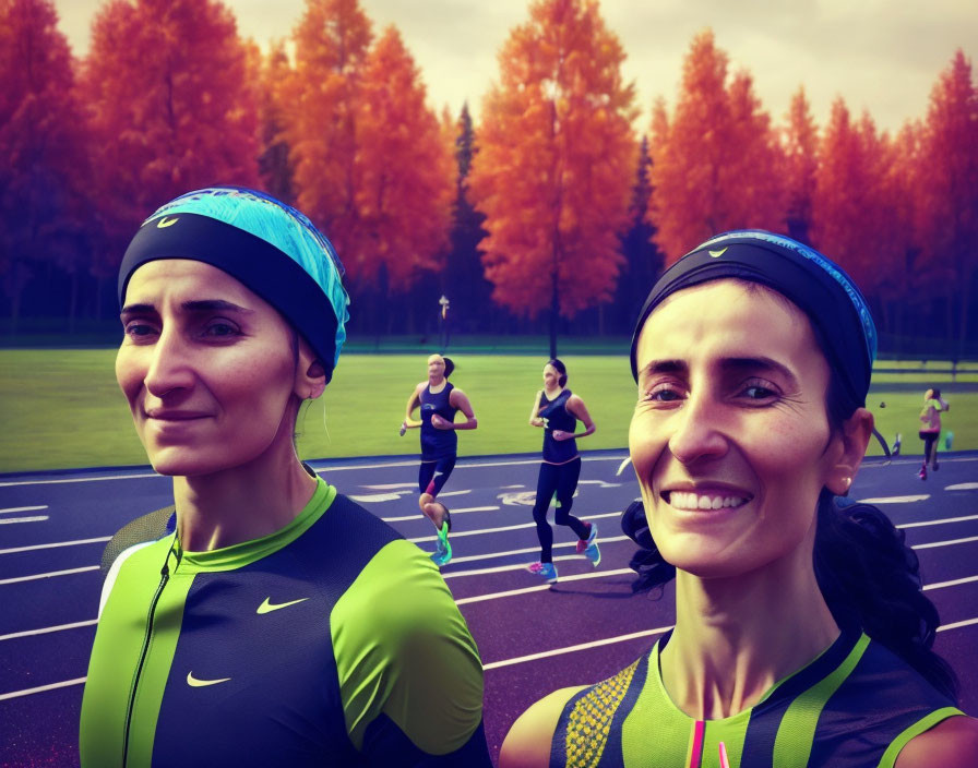 Athletic women smiling on track with autumn trees and runners.