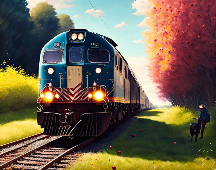 Colorful illustration of train, person, and dog near trees and apples