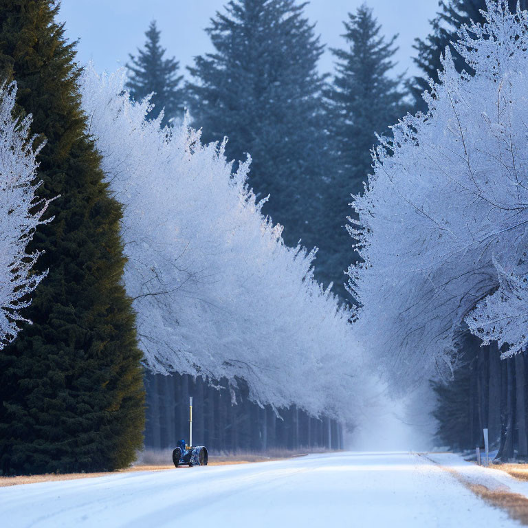 Snow-covered Road with Frosty Trees and Lone Vehicle in Wintry Landscape