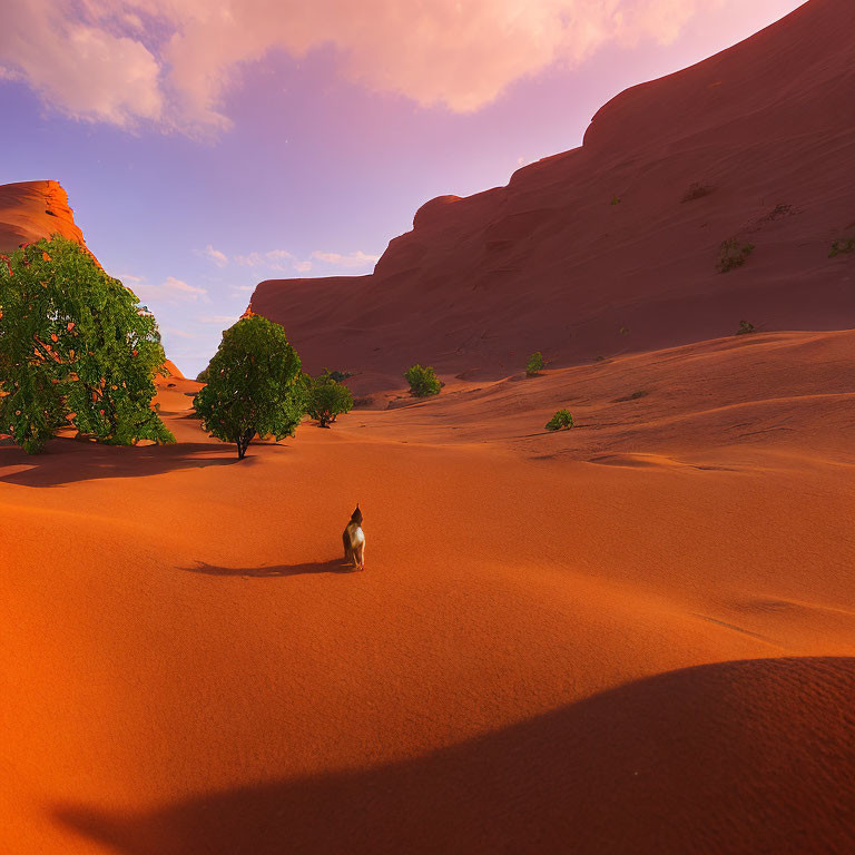 Cat sitting on red sand dunes under blue sky