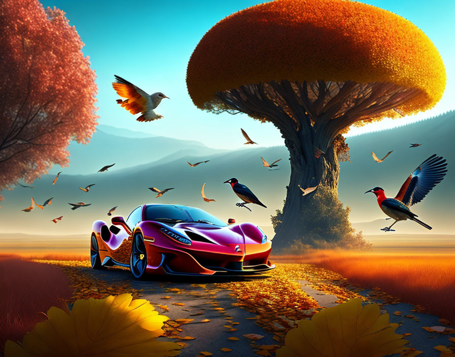 Digital art scene: Red sports car under orange tree with birds