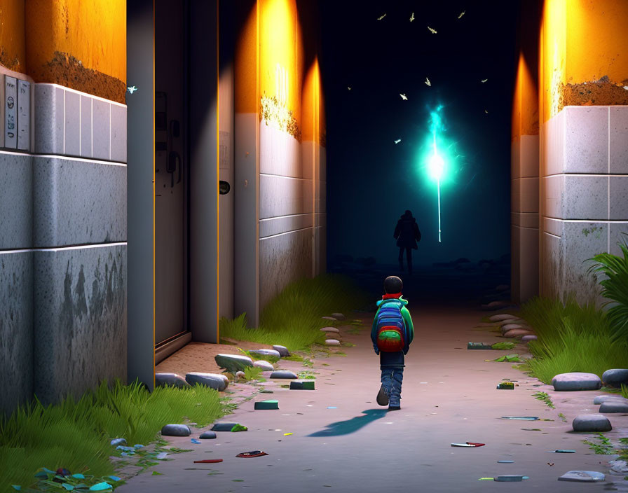 Child with colorful backpack walking towards silhouetted figure in urban alleyway