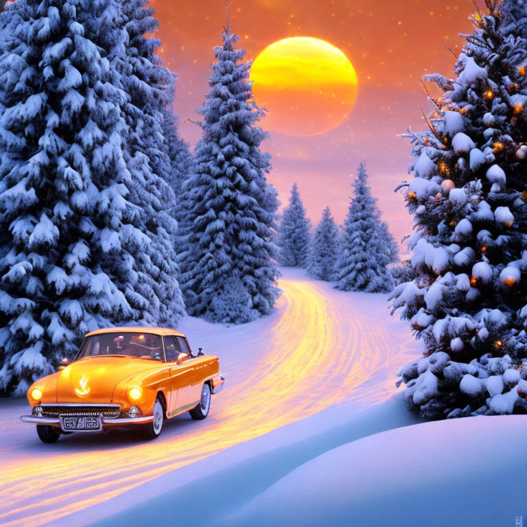 Vintage Orange Car Parked in Snowy Pine Forest at Twilight