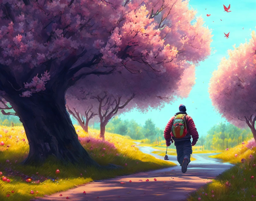 Person Walking Among Blooming Cherry Trees on Vibrant Path