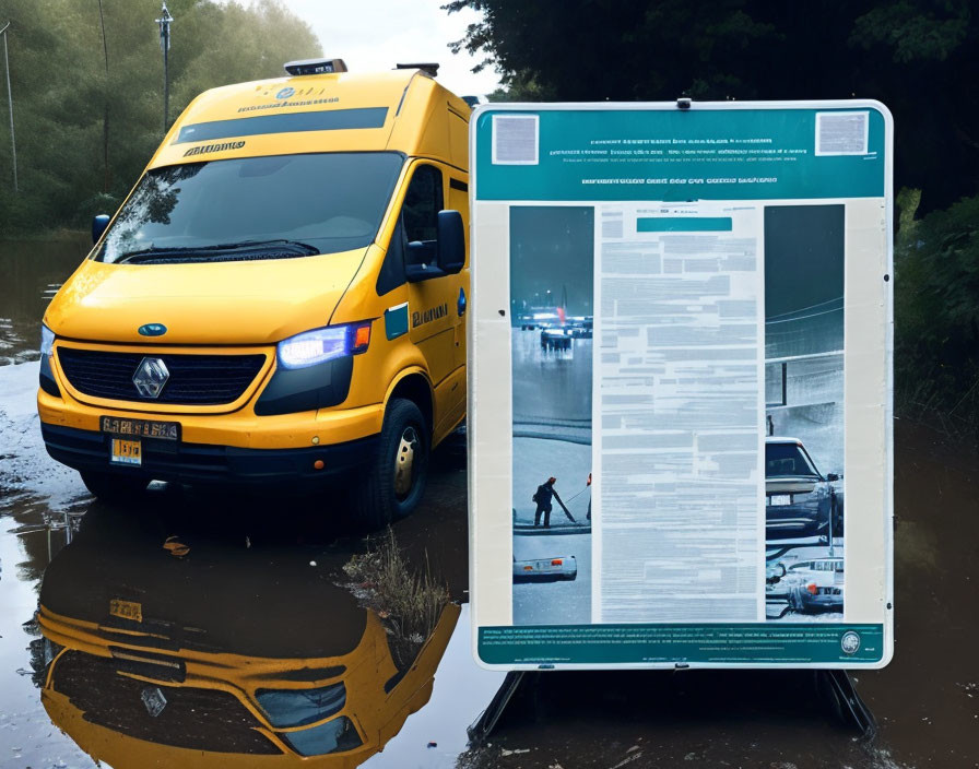 Yellow ambulance in floodwaters next to informative poster with flood response images