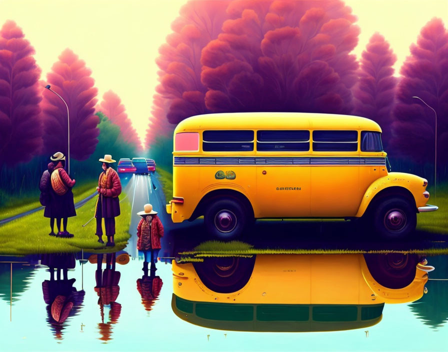 Vintage yellow school bus by reflective water with people in vintage attire and lush trees.