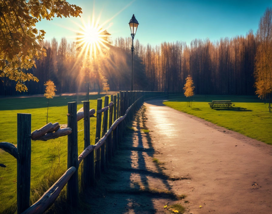 Tranquil park path with wooden fence, tall trees, sunlight filtering through, and long shadows.