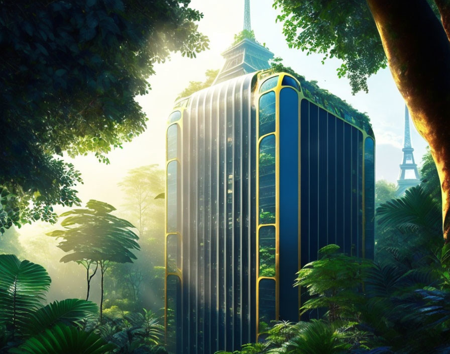 Organic design skyscraper in lush forest with Eiffel Tower.