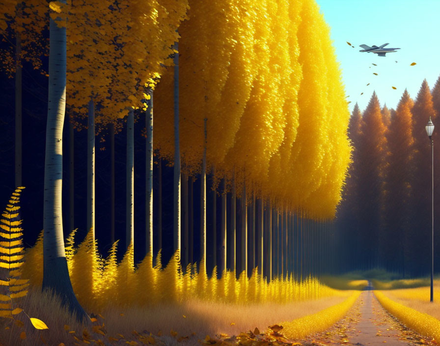 Tranquil Autumn Landscape with Golden Trees and Flying Plane