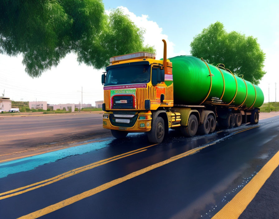 Vibrant tank truck in motion on road under clear skies and greenery