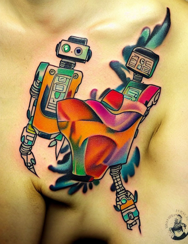 Colorful 3D-style vintage robot tattoo design